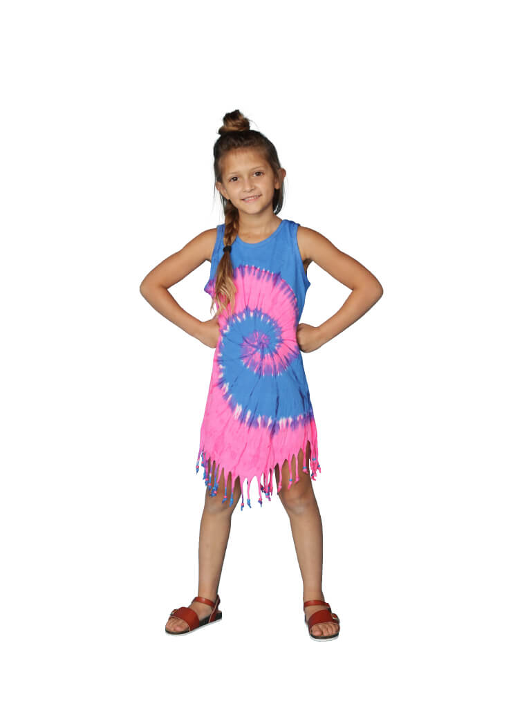 Fringe tie dye dress cover up in blue and pink