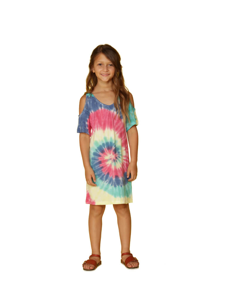 Rainbow tie-dyed cover up in a swirl pattern