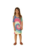 Rainbow tie-dyed cover up in a swirl pattern