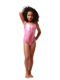 An iridescent one piece bathing suit for girls
