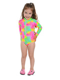 Zip front long sleeve one piece swimsuit with a cloud tie dye print