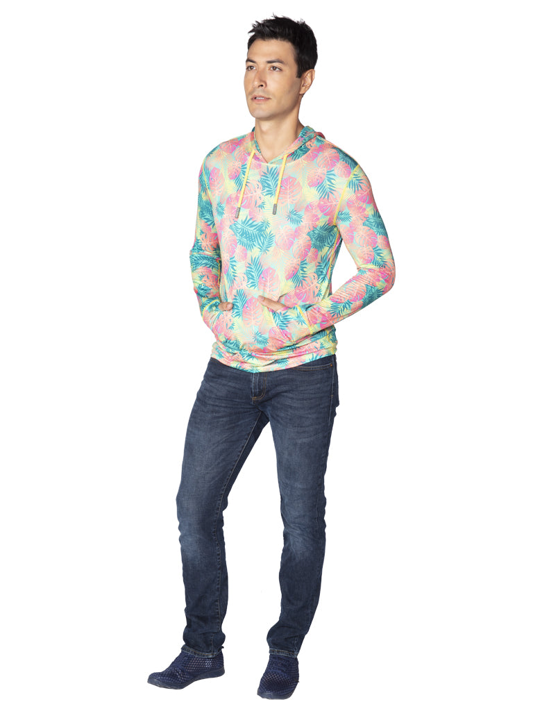 Hoodie printed in colorful lush leaves, front view