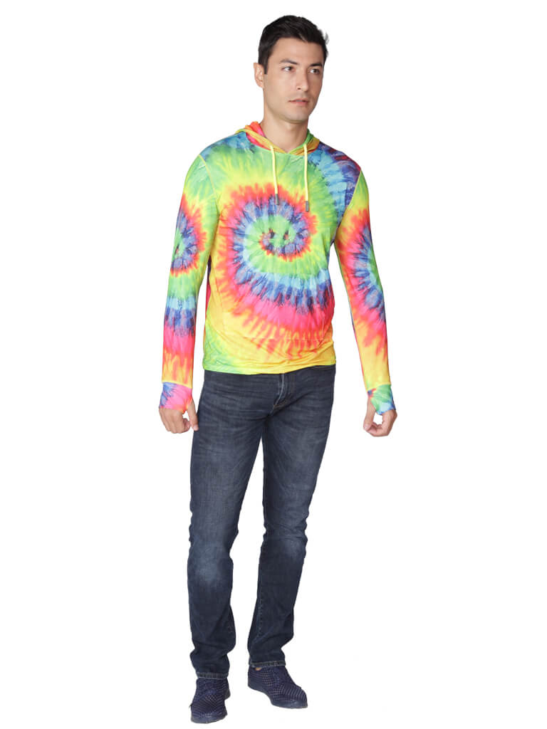 Brightly printed tie-dyed hoodie, front view