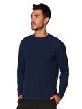 Navy ribbed long sleeve crew neck shirt, side view