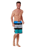 Board shorts that are striped in blue, charcoal, white, and turquoise. Front view.