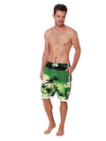 Men's Elastic Swim shorts, Board Shorts patterned in green palms, front view