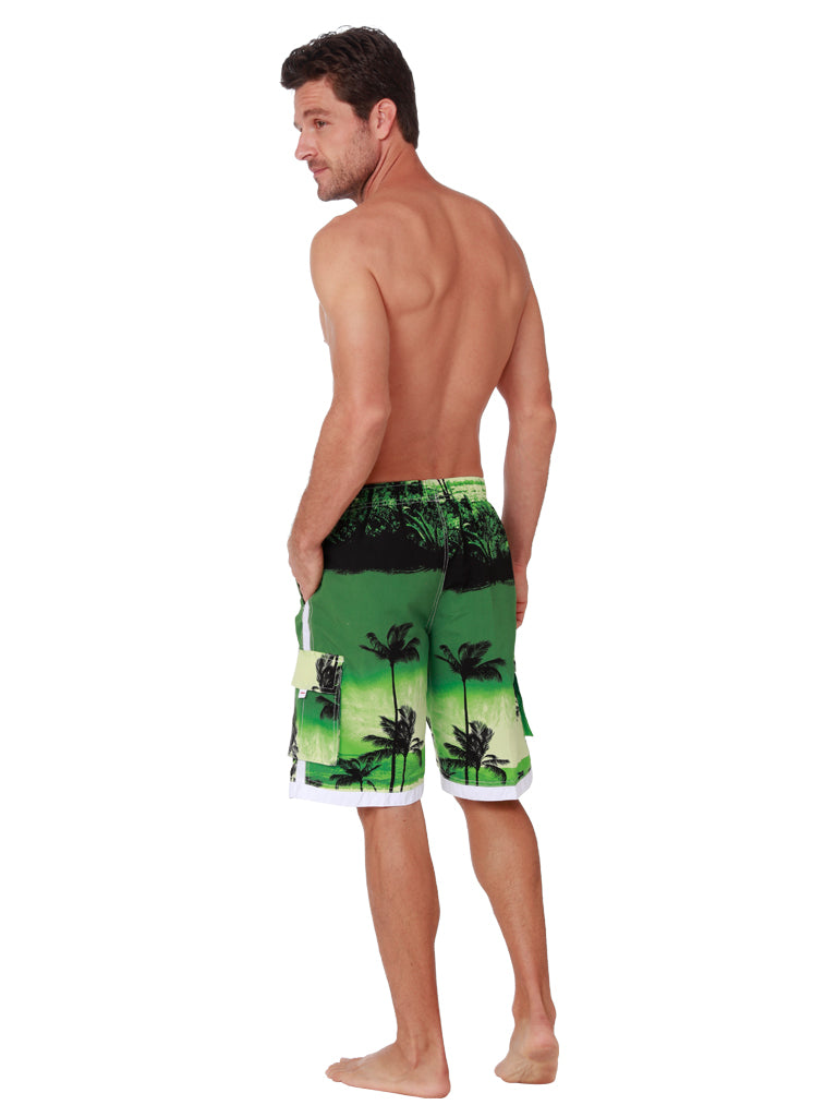 Men's Elastic Swim shorts, Board Shorts patterned in green palms, back view