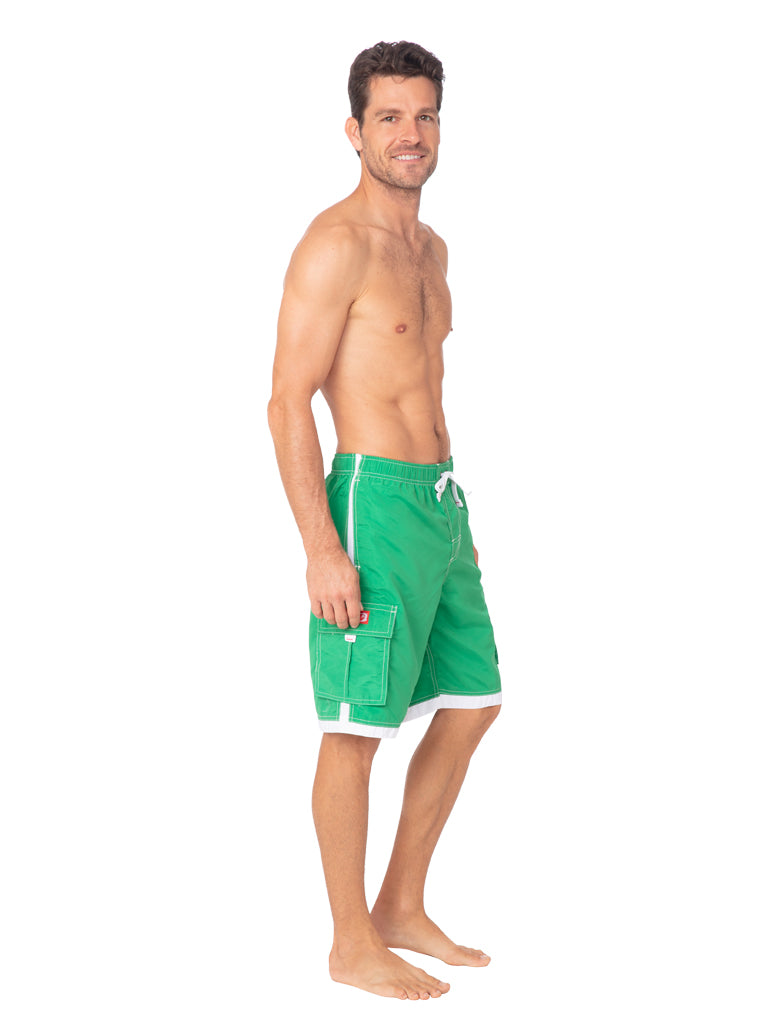 Swim-long shorts in green and white trim, front view