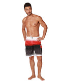 Board shorts in classic stripes of red, white and black. Front View