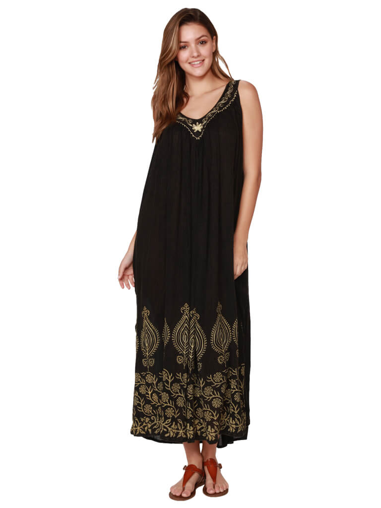 Long rayon crinkle dress with a paisley print and embroidery on the front. Front View