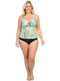 A racer-back tankini with a midrise bottom pant
